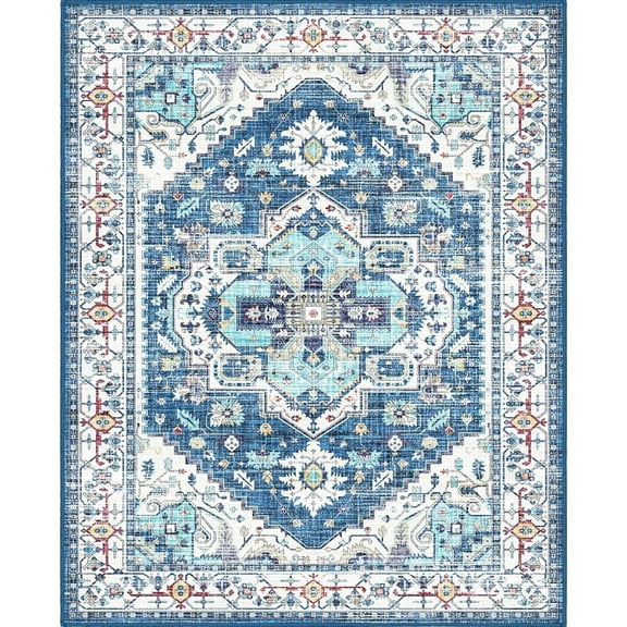 4x6 Blue Area Rug, Washable Rugs, Non-Slip Rug for Livingroom, Distressed Soft Modern Low-Pile Carpet, Dining Home Decor Office Boho Rug