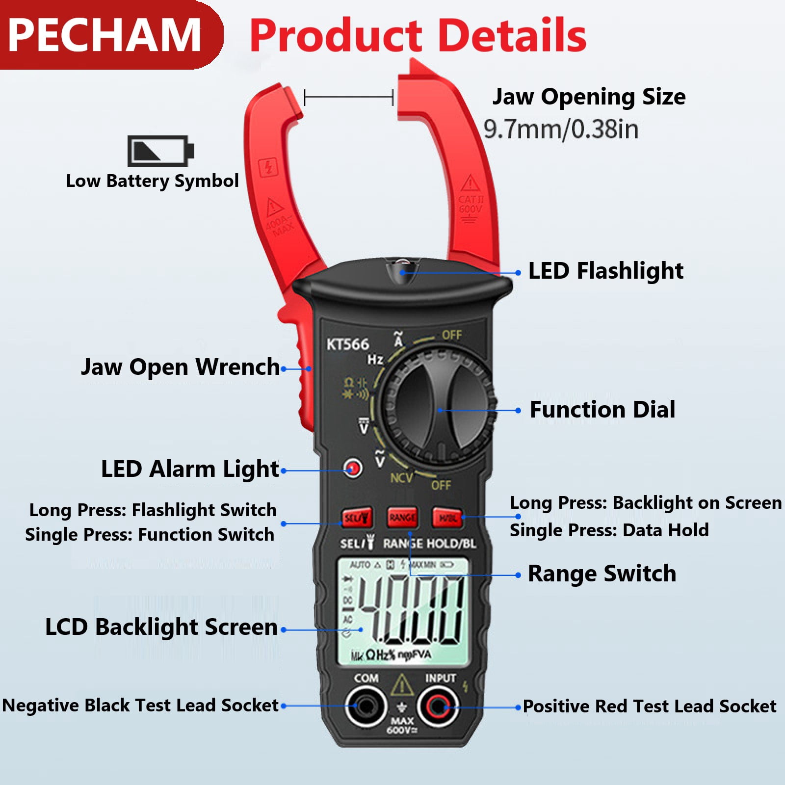 Pecham Digital Clamp Meter, 4000 Counts Multimeter Tester with NCV, Live Wire Detection Amp Ohm Volt Measures AC Current, Electrical Meter with LED Flashlight for Home & Automotive