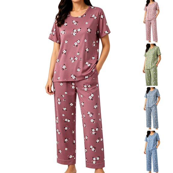 SAZBJOJN Pajamas for Women Set Printed Short Sleeve Top Long Pants 2 Piece Pajamas Soft Lightweight Casual Cotton Lounge Sleepwear Nightwear PJs Size S Red