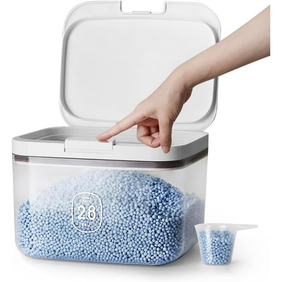 Laundry detergent dispenser with One-Press Lid,for laundry room organization,Clear PET laundry powder container with Measuring Cup,laundry pods container 2.8L/6Lbs/100oz(120 Pods)