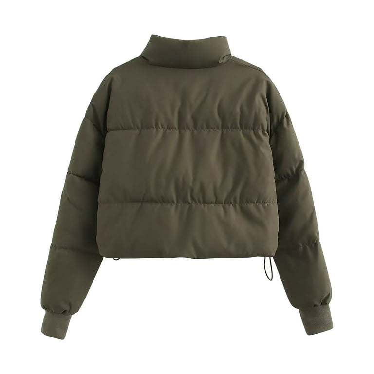 Women's Cropped Puffer Jacket Stand Collar Short Padded Coat Solid