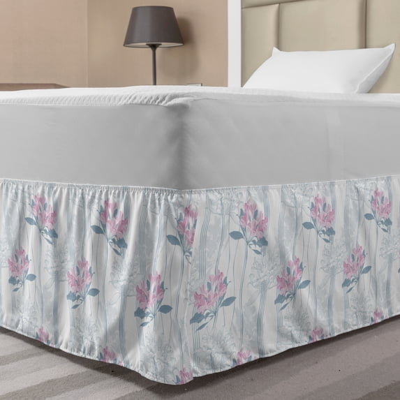 Floral Bed Skirt, Ornamental Alstroemeria Flowers on Vertical Striped Background, Elastic Bedskirt Dust Ruffle Wrap Around for Bedding Decor, 4 Sizes, Blue Grey Pale Pink, by Ambesonne