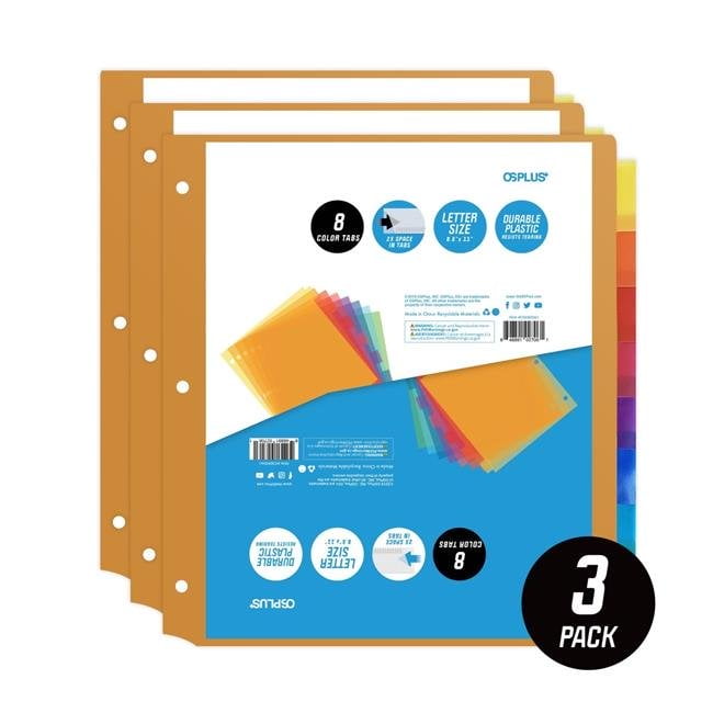 OS Plus OSD8T0M3 8-Tab Plastic Binder Dividers & Insertable Multicolor Big Tabs - Set of 3