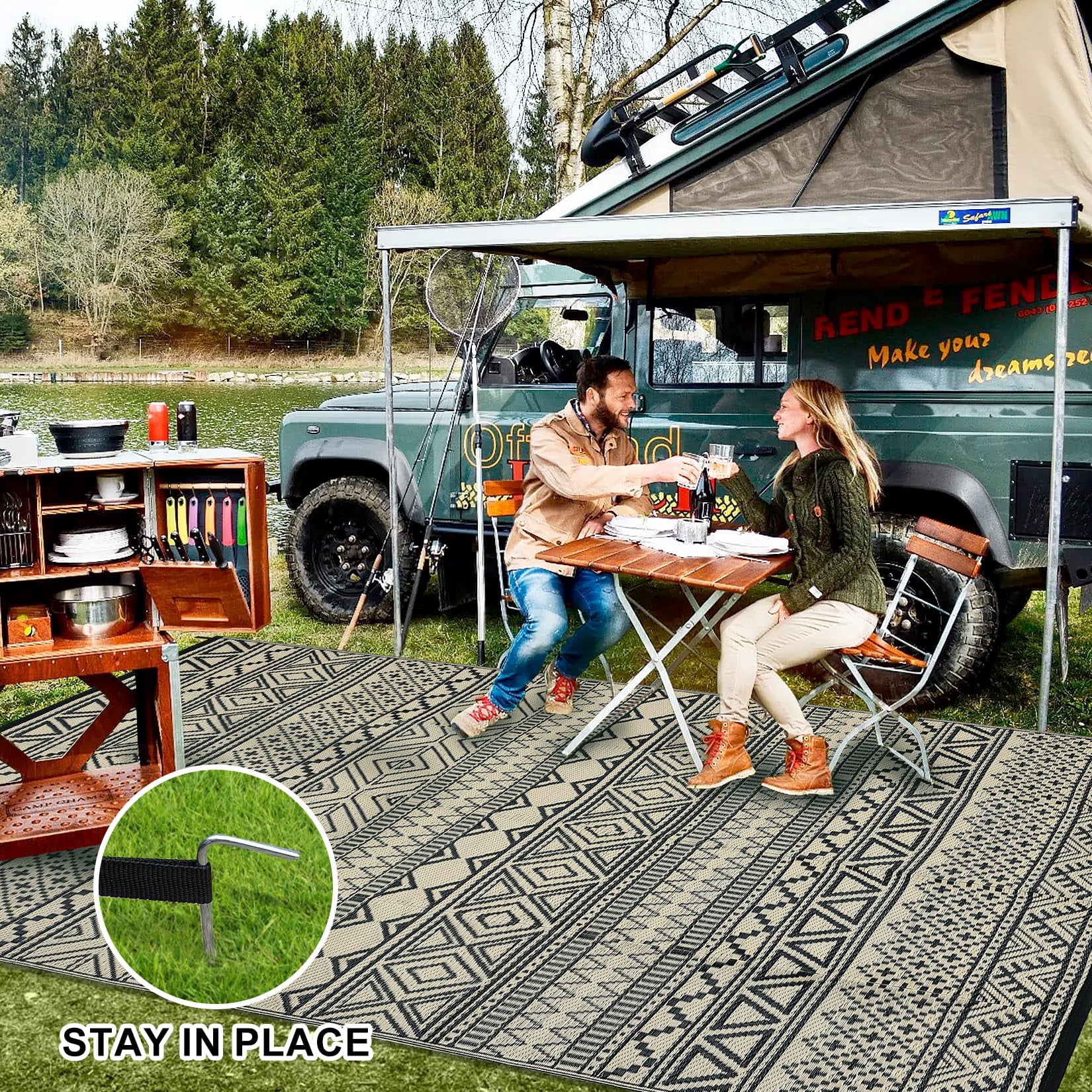 Outdoor Rug 6x9, Waterproof Patio Clearance Carpet for Outside, Reversible Outdoor Plastic Straw Camping Rug, UV Resistant Low Pile Deck Mat for Porch Yard Poolside, Easy Clean,Black & Coffee