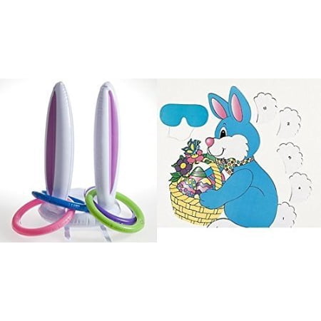 Pin The Tail On The Bunny - 2 Awesome Easter Party Games - Bunny Ears Inflatable Ring Toss + PIN the Tail on the Easter Bunny - Kids Children's Activity - Classroom - School Daycare