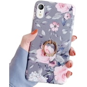 Compatible with iPhone XR Case,Flower Cute Fashion Case for Men Women Girls with 360 Degree Rotating Ring Kickstand Soft TPU Shockproof Cover Designed for iPhone XR 6.1" Floral Grey Red Flower