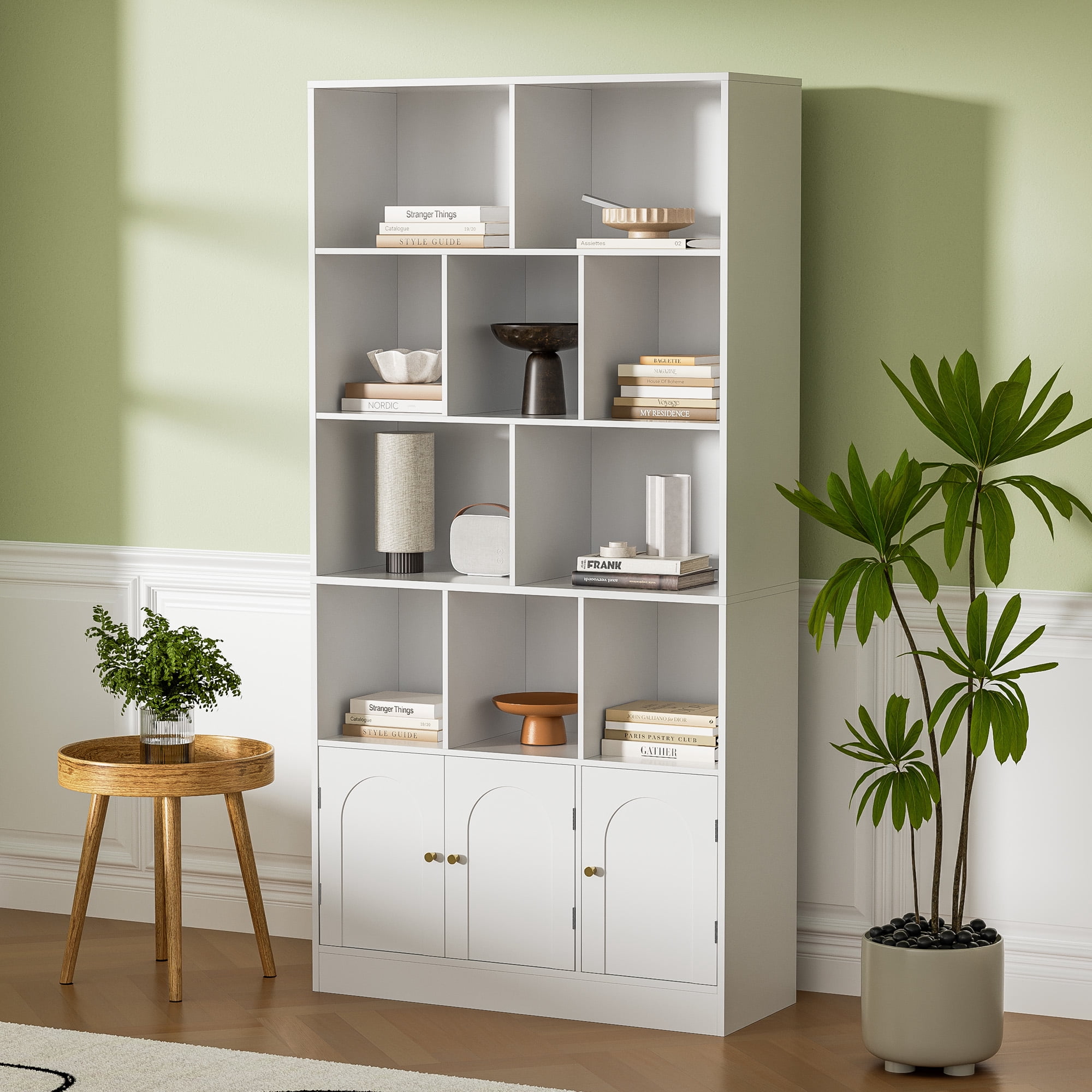 4-Tier Tall Bookshelf with 3 Doors, 71" Open Shelf Bookcase with 10 Cubes, Modern Cube Storage Organizer for Living Room, and Office, White