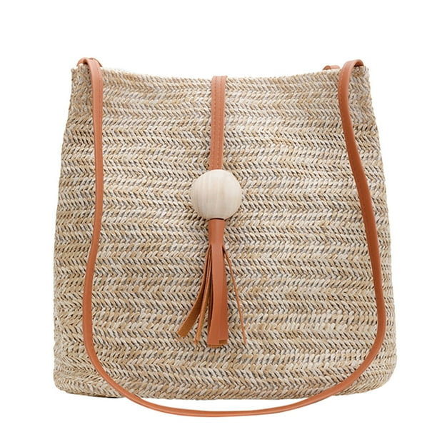 Bolsa de asas de bolso portátil tejido de paja de verano 1pc para mujeres chicas (marrón)