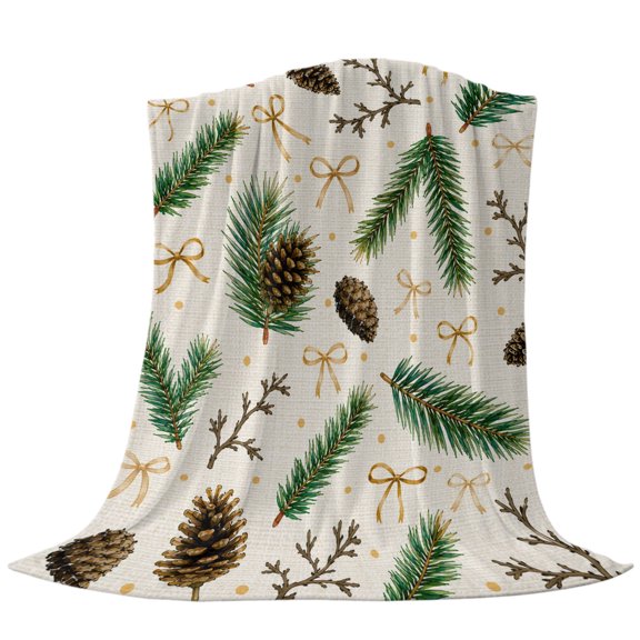 Winter Pine Needles Throw Flannel Blanket Cottagecore Pinecones Ribbon Bows Cream Super Soft Cozy Bed Blanket, Lightweight Plush Fuzzy Bed Throw for Bedroom Sofa Couch Living Room 60x80in