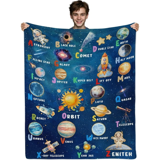 Alphabet Blanket Flannel, Fun and Educational Alphabet Learning Gift for Kids, Space Galaxy Design Blanket 50 x 40 inch, Soft and Cozy Throw Blanket for Couch, Bed, Sofa, Seasons