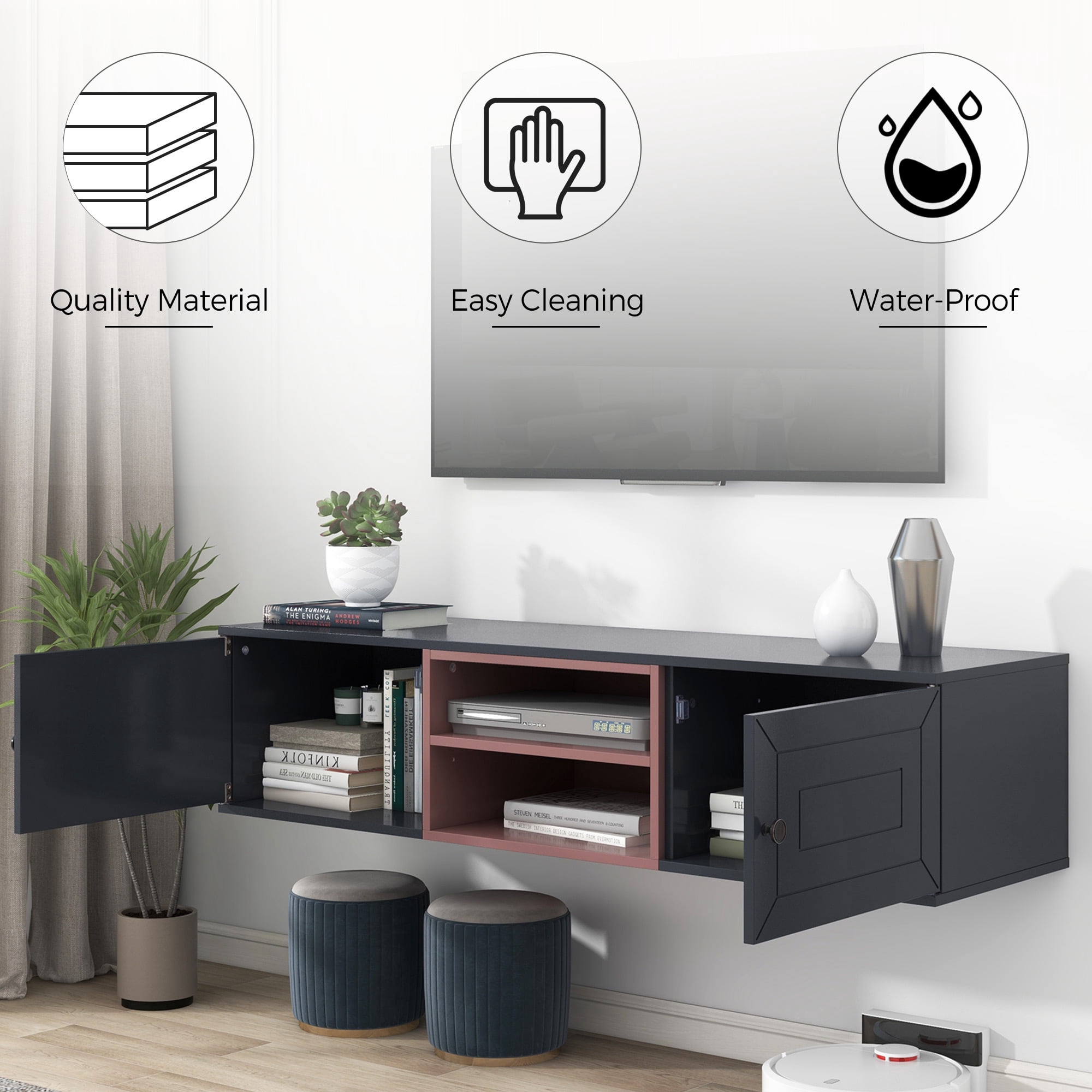 Aukfa Floating TV Stand for TVs up to 60" - Wall Mounted TV Shelf with Cabinets - Black