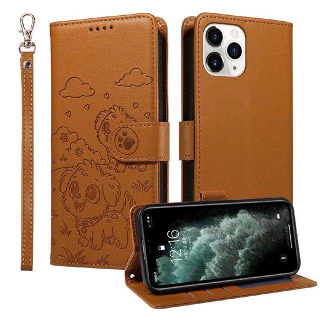 Funda Cartera GANGXUN con Diseño de Perrito en Relieve para iPhone 11 Pro , Protección 360° con Ranuras y Correa Desmontable