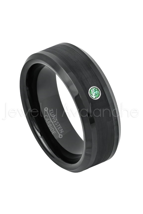 Black Tungsten Ring Beveled Edge - 0.07ct Solitaire Emerald Ring - Personalized Tungsten Wedding Ring - Custom Made May Birthstone Ring TN663BS
