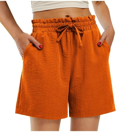 Tmtolofot Womens Loose Fit Shorts Front Tie Lightweight Quick Dry With Pocket Short Plain Color Tummy Control Casual Shorts For Sporty Gym Yoga 1_Orange XX-Large