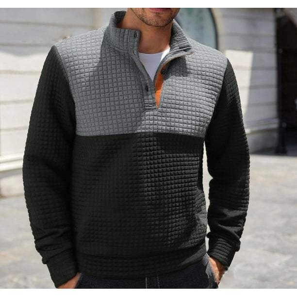 pstuiky camisa de manga larga para hombre, Blusa informal y moderna de color liso con botones, manga larga y cuello alto para hombre Tops de hombre xl
