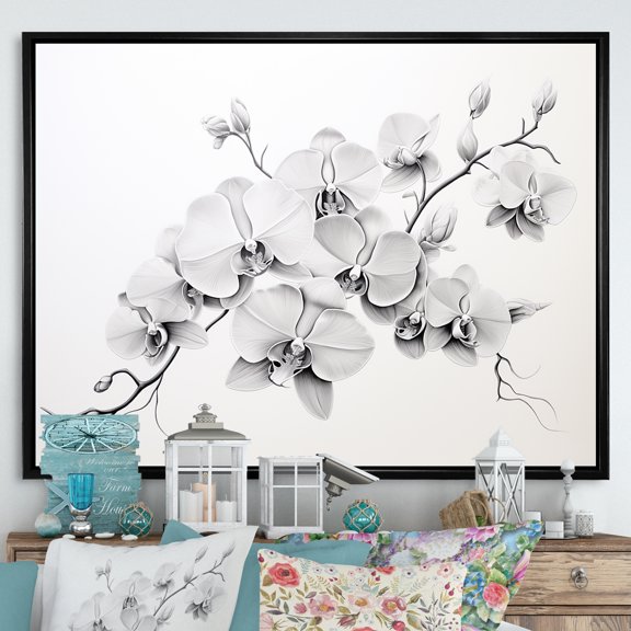 Designart "Tranquil Black And White Orchid II" Orchids Floater Framed Canvas Art Print