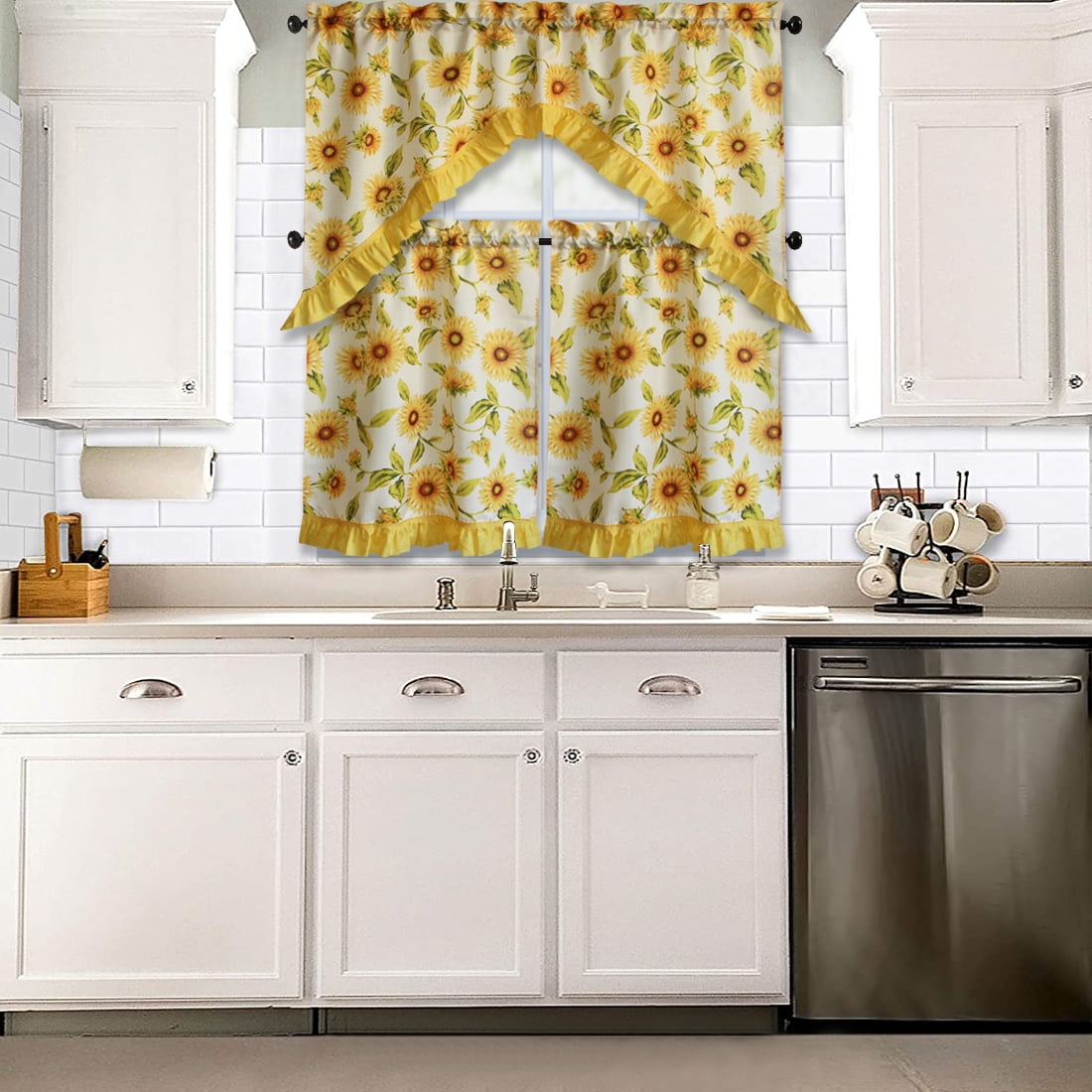 3 PC Kitchen Curtain Swag Set, Fruit Floral Rooster Printed Design Window Panels - Picture 44 of 62