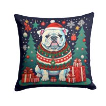White English Bulldog Christmas Fabric Decorative Pillow 14 in x 14 in