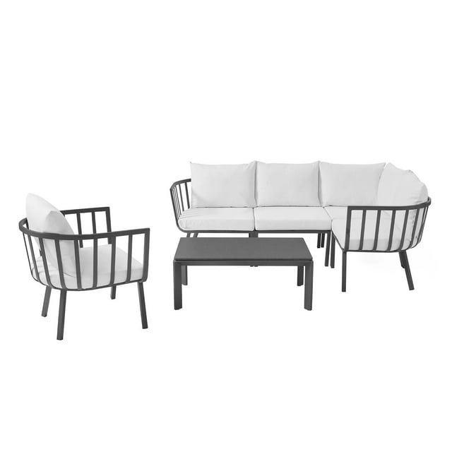 Lounge Sectional Sofa Chair Set, Aluminum, Metal, Steel, Grey Gray White, Modern Contemporary Urban Design, Outdoor Patio Balcony Cafe Bistro Garden Furniture Hotel Hospitality