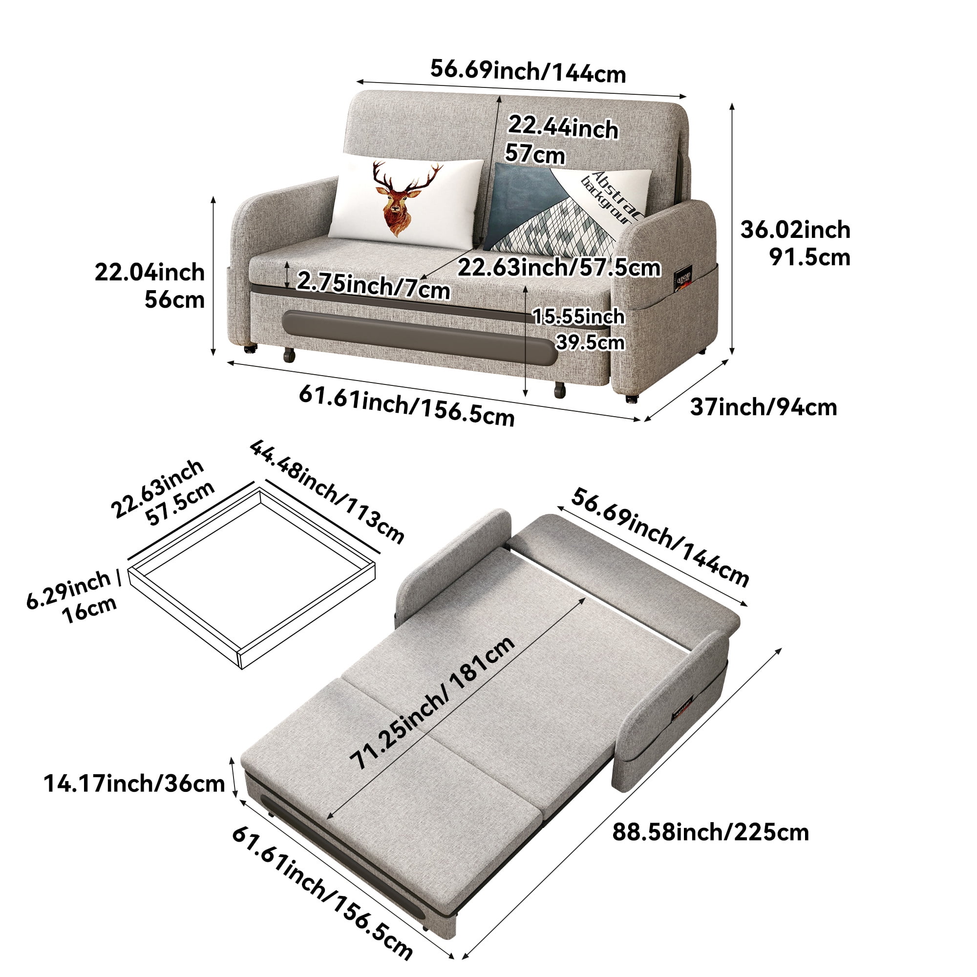 NessCarsti Modern Gray & White Trundle Sofa Bed, 61" Pull-Out Futon Couch for Small Living Spaces and Apartments