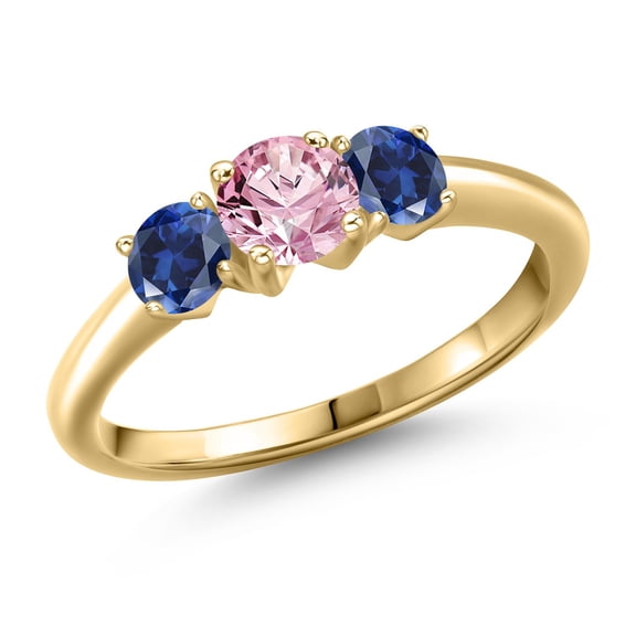 Gem Stone King 10K Yellow Gold Pink Lab Grown Diamond and Blue Created Sapphire Engagement Ring for Women | 1.00 Cttw | Round 5MM | Gemstone April Birthstone | Size 6