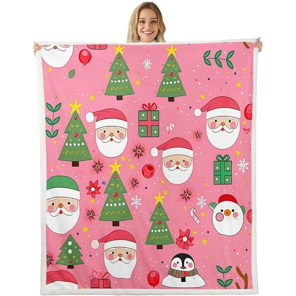 Christmas Tree & Snowman Blanket, Cozy Santa Claus Throw, Pink Winter Decor Blanket, Gift for Men Women
