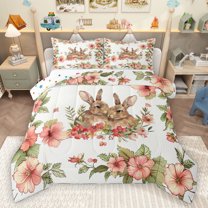 Homewish Kawaii Couple Rabbit Bedding Comforter Set for Teens, Cute Animal Twin Comforter Sets, Romantic Pink Flower Reversible Bedding Set, Super Cozy Room Decor, 2-Piece