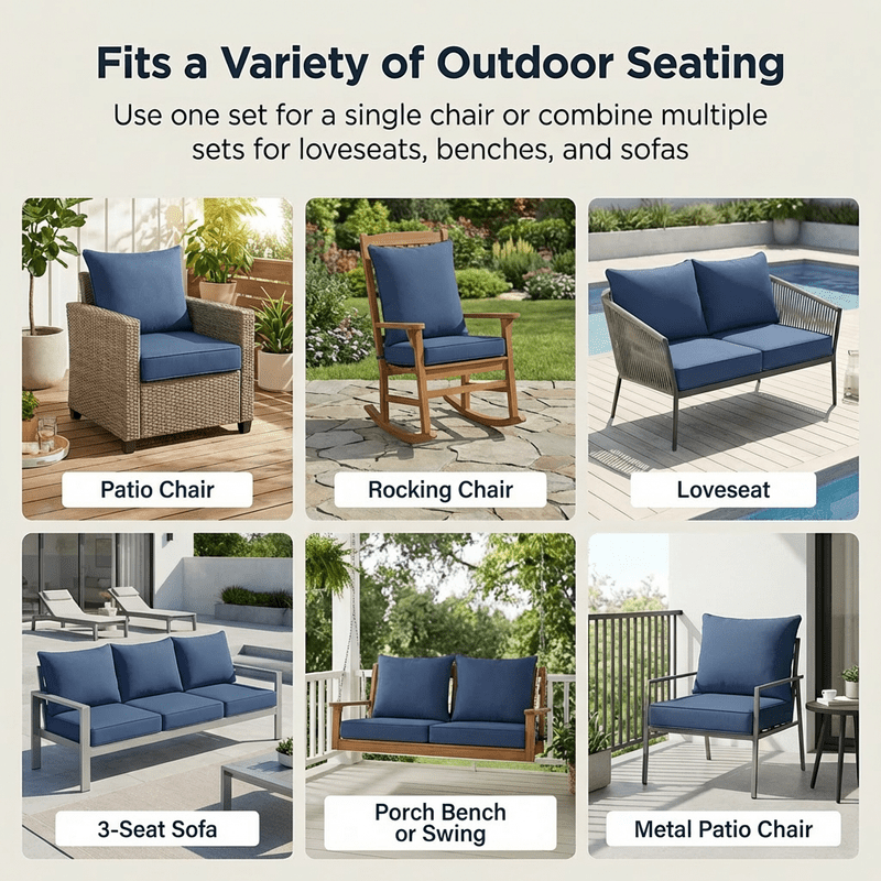 24 x 24 in Outdoor Olefin Patio Cushion Set with Back Pillow, 6 in Thick, Water- and Fade-Resistant, Navy Blue