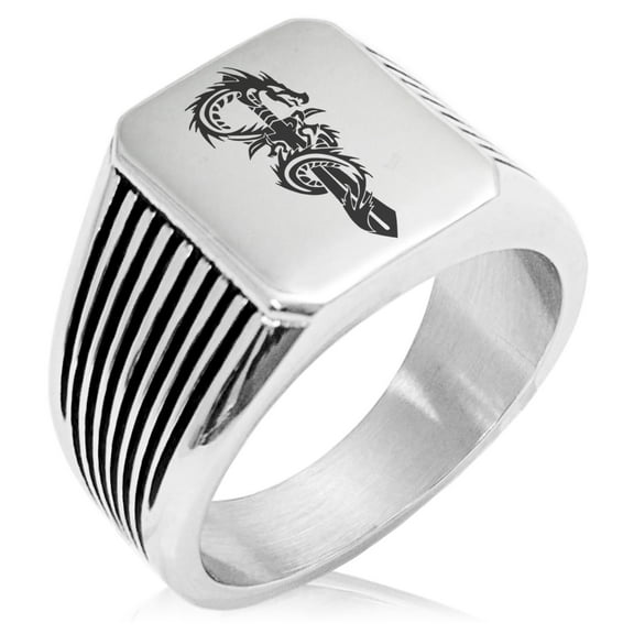 Stainless Steel Exalted Dragon Blade Needle Stripe Pattern Biker Style Polished Ring