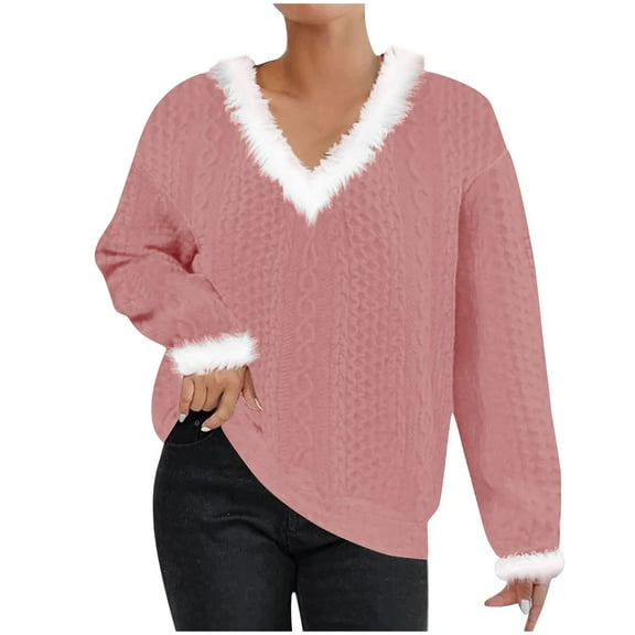 HAiming Women's Knitted Sweater Solid Color Long Sleeve V Neck Pullover Tops Fall Winter Plus Size Casual Loose Blouse