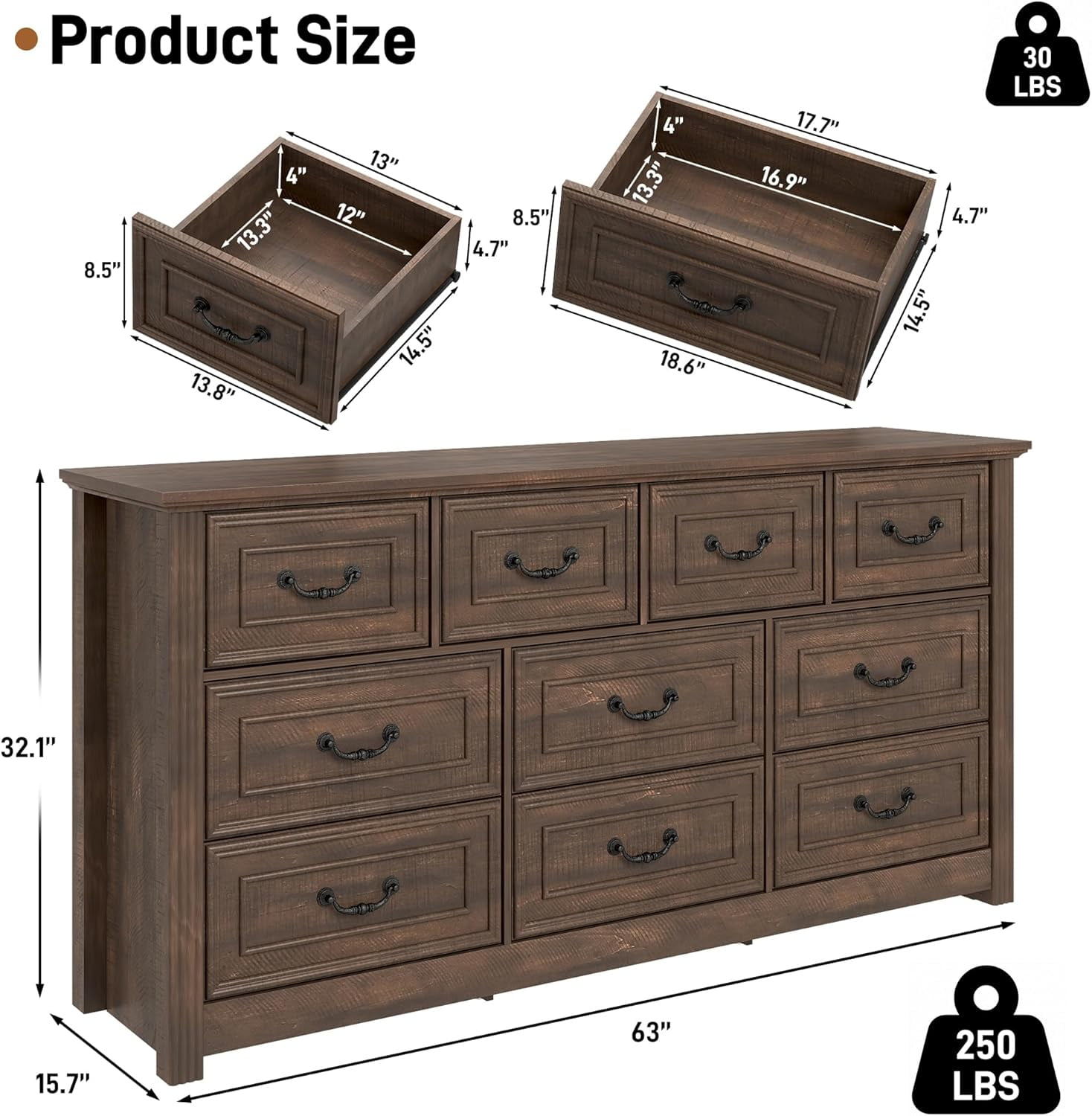 ChVans Farmhouse 10 Drawers Dresser for Bedroom, 63'' Wide Wood Rustic Chest of Drawers with Natural Texture, Vintage Design, Large Storage Dressers Organizer for Living Room, Hallway