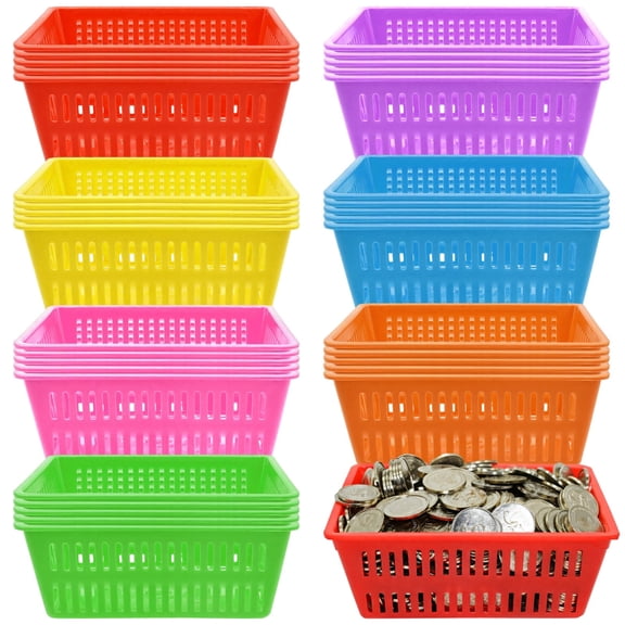 Quality Plastic Classroom Storage Baskets, Multi-Color Rectangle Design, Stackable for Space Saving, Ideal for Organizing Books and Small Items, 36-Piece Set