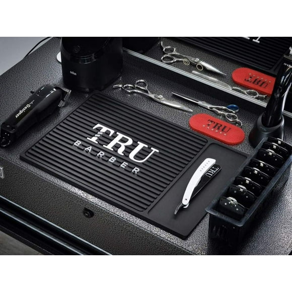 TRU BARBER ORGANIZER MAT 14 X 9 (BLACK/WHITE) Flexible PVC Station Mat Salon and Barbershop work Station pads Beauty salon tools hairstylist Counter mat for clippers Anti slip