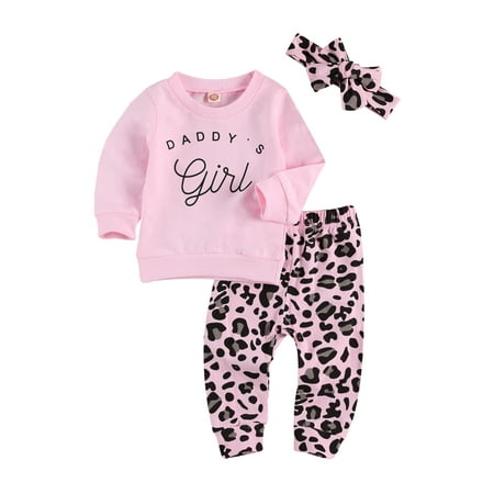 

Bmnmsl Baby Sets Long Sleeve Round Neck Letter Pullover Leopard Trousers Headband