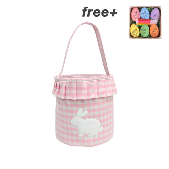 Bunny Easter Basket, Gingham Empty Easter Bucket with Handle Easter Basket Rabbit Buckets Easter Tote Bags Children Gift Storage Handbag Easter Basket Stuffers (Pink)