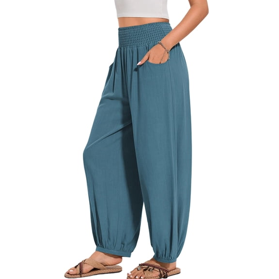 Women Cotton Palazzo Pants Summer Boho Wide Leg High Waist Casual Lounge Pant Vacation Outfits Peacock Green L