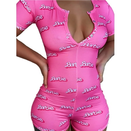 Women Bodysuit Long Sleeve Deep V Neck Bodycon Stretch Leotard Button Short Romper Pajama Sleepwear Jumpsuit Leotard Pink S