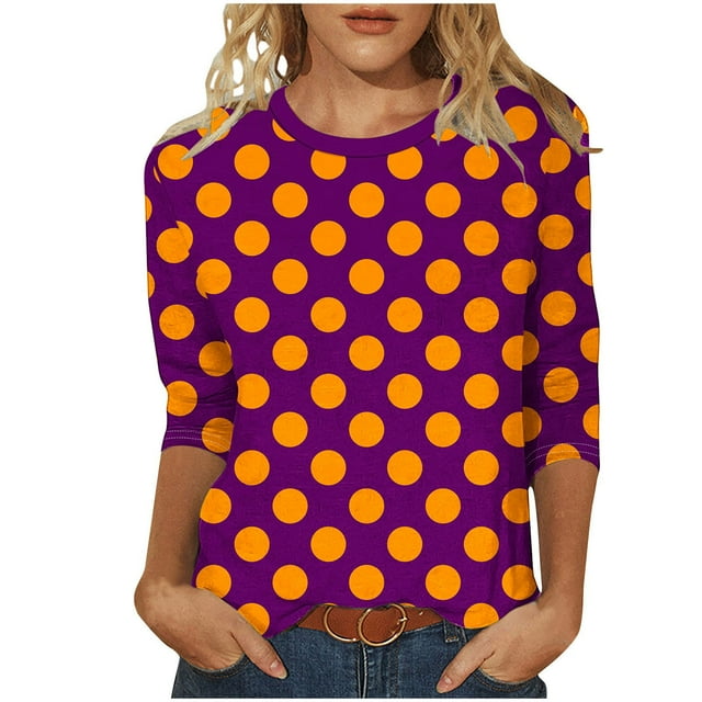 T-Shirts Grande Taille pour Femmes à Manches 3/4 à Pois, Col Rond, T-Shirts Graphiques de Base, Hauts d'Été Décontractés (5TG, Bordeaux)