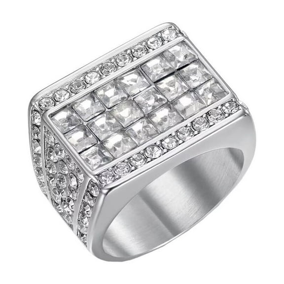 HIJONES Men's Stainless Steel Minimalist Square Cut Cubic Zirconia Engagement Rings Crystal Stone Punk Finger Jewellery Silver Size 13