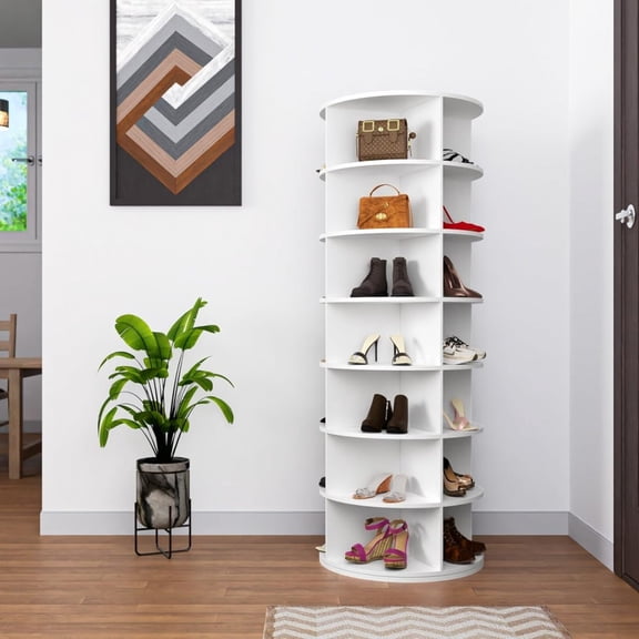 7 Tier Round Rotating Shoe Rack Carousel - 360° Spinning Display, Vertical Organizer for Shoes & Handbags, Closet Organization,White