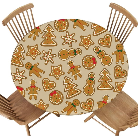 Round Tablecloth, Fitted Elastic Edge Design, Christmas Background Cookies Gingerbread, Polyester Cover for Camping, Party Decor, Fit for Diameter 48.2"-52.1" Round Table
