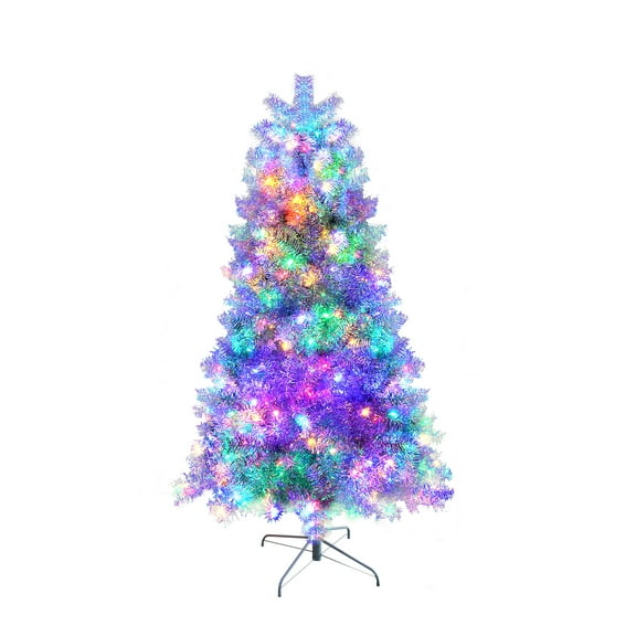 Alvantor 6Ft Pre-Lit Artificial Christmas Tree Hinged Full Tree with 300 LED Lights for Holiday Decoration Sliver