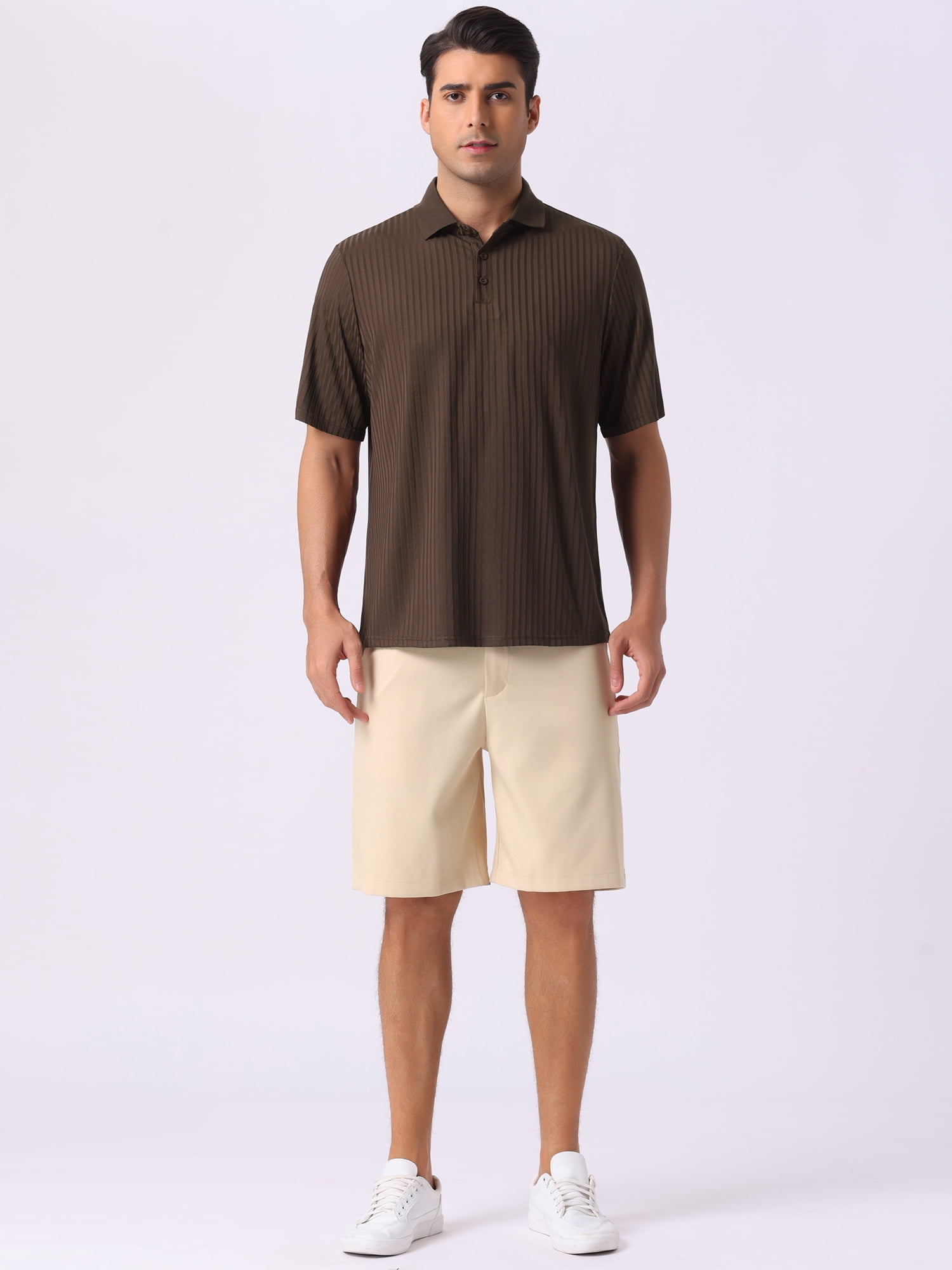 DARING DIVA Men's Ribbed Slim Fit Short Sleeves Casual Collared Golf Polo Shirt M Brown