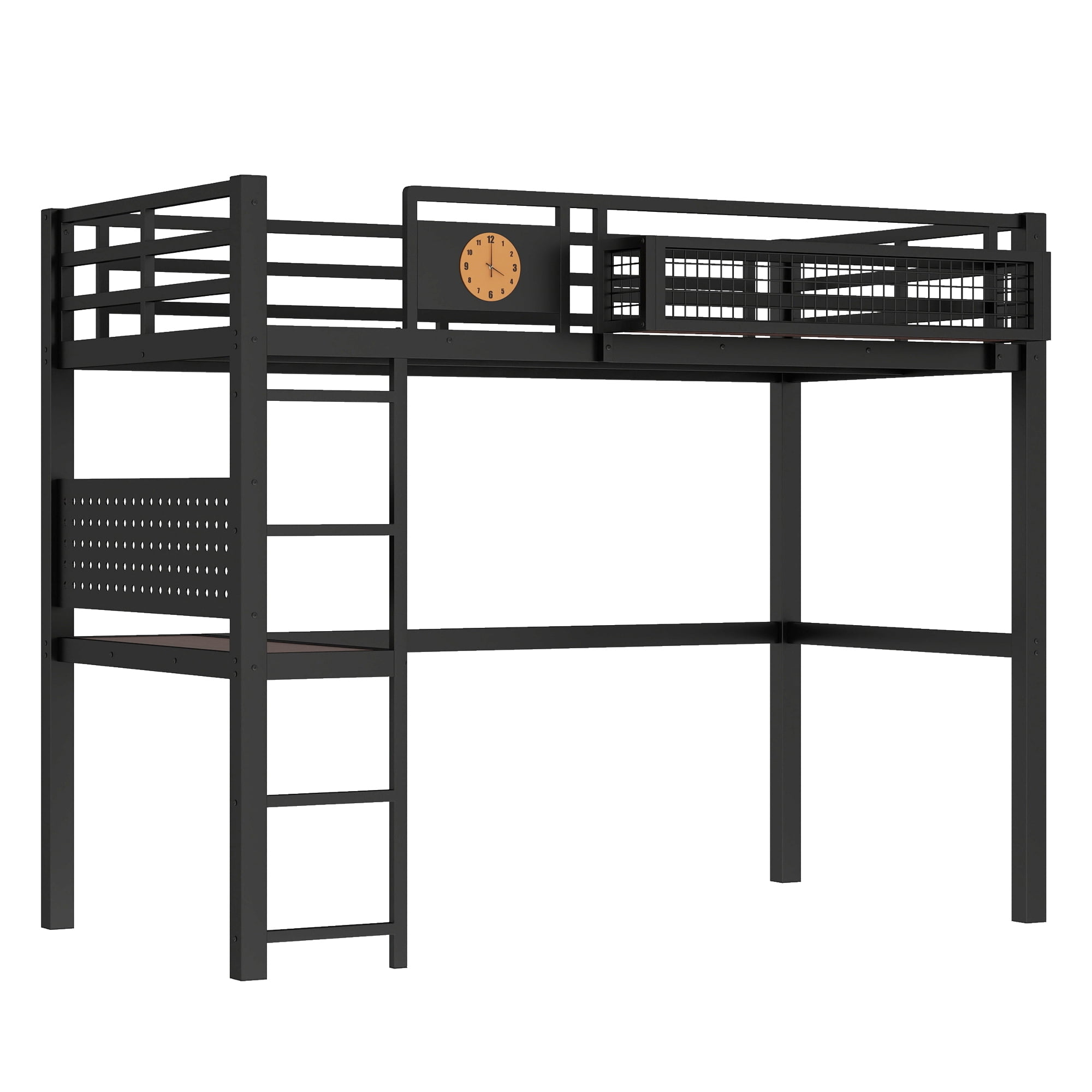 Leumius Twin XL Size Loft Bed with Desk,Metal Loft Bed Frame with Charging Port,Clock and Storage Basket,Black