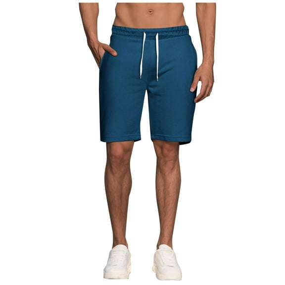 HOOMEUMY Mens Shorts Fashion Comfy Summer Outdoor Solid Color Drawstring Elastic Waist Straight-leg Pants Leisure Beach Shorts (Blue,L)