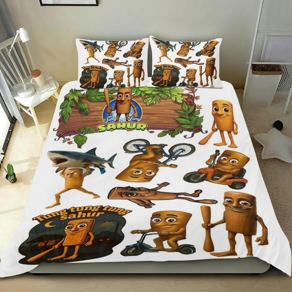 3 Piece Bedding Set For Tung Tung Sahur Comforter Cover Set Cute Duvet Cover Sets Super Soft Teens Bedding Set Kids Bedroom Gifts，1 Duvet Cover with 2 Pillowcases Twin