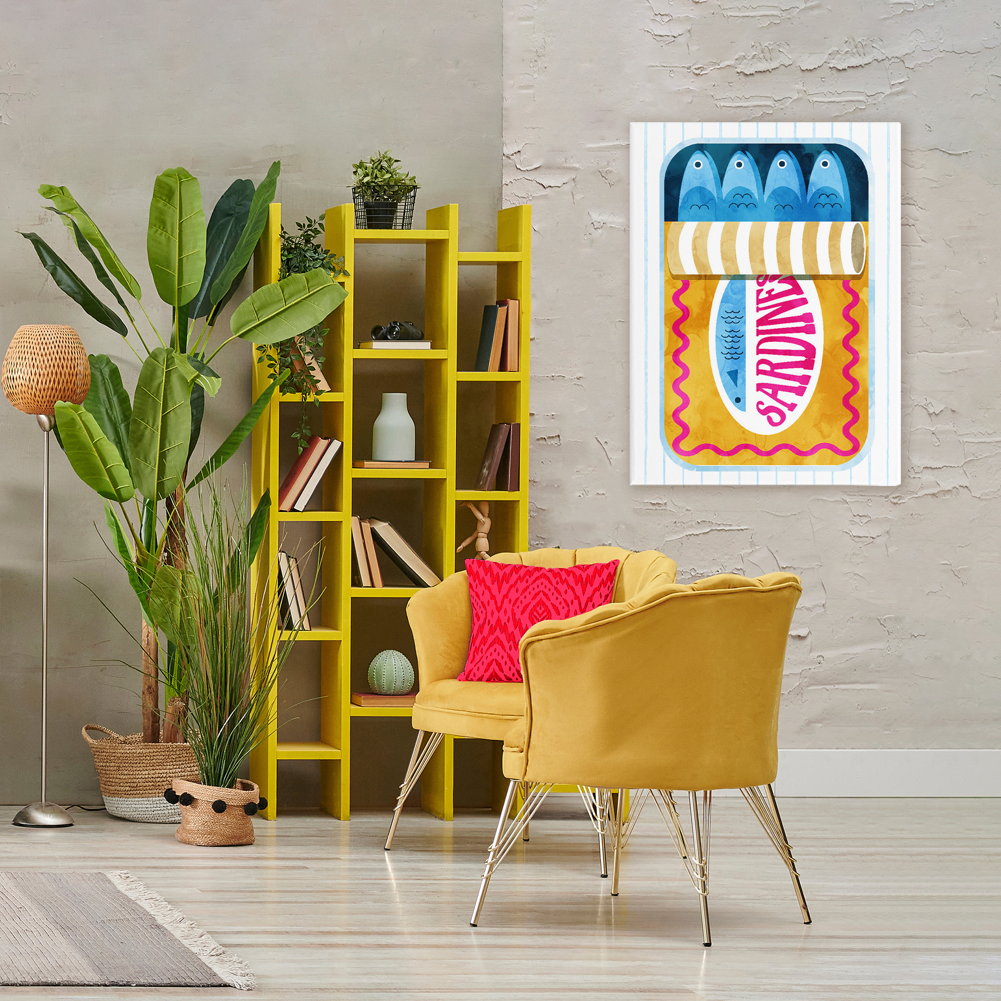 Yellow Sardine Tin over Stripes Canvas Wall Art, design by Daphne Polselli