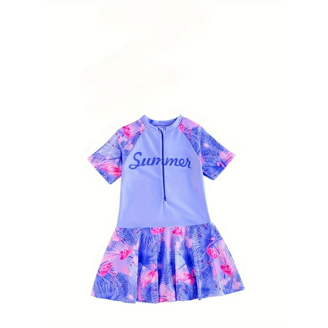 Girls 1pc Raglan Skirted Swimsuit With Flamingo Pattern & Zipper Short Sleeves, Sports Swimwear Pool Vacation Beachwear Summer