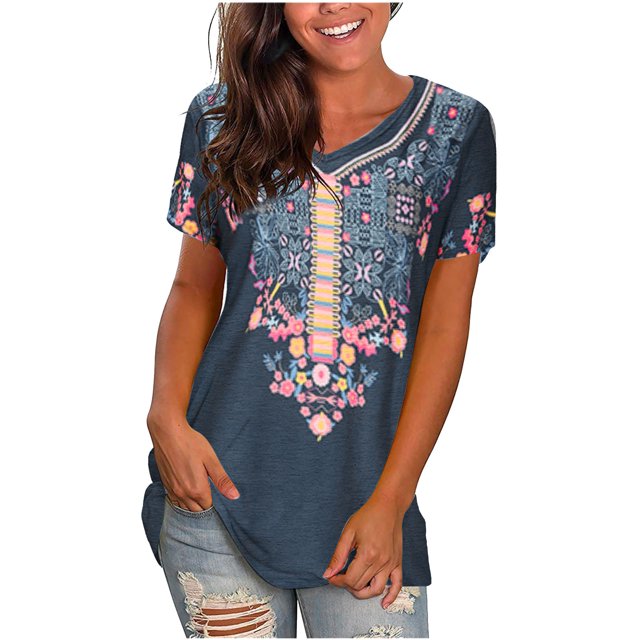 Blusa de manga corta con cuello en V informal para mujer a la moda, camisetas de verano Fridja zx3188
