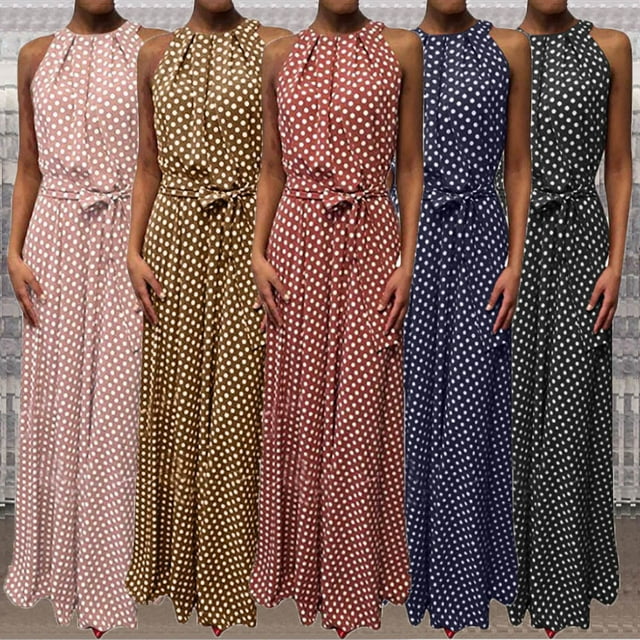 Zeus Mode Femmes Robe Maxi Sans Manches à Pois avec Ceinture pour Fête Banquet
